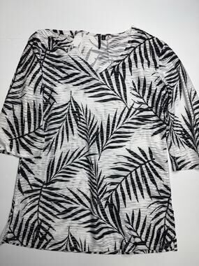 Pacific Beach Swim Cover Up Womens XL Black White Palm Leaf V Neck Tunic Top